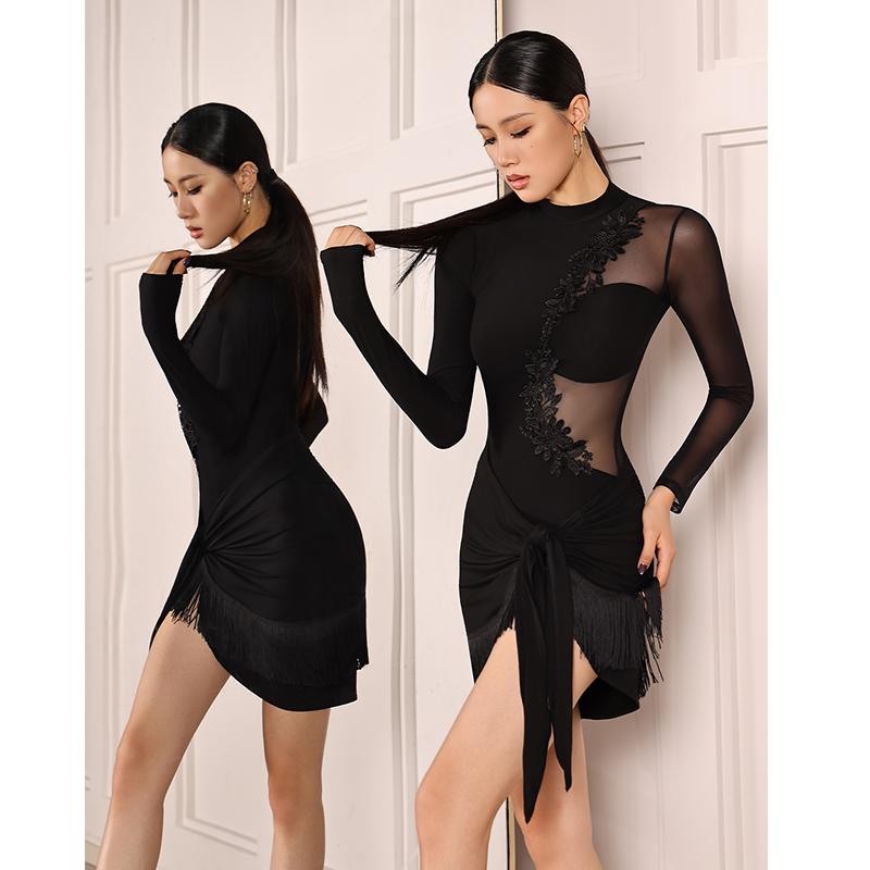 Adult Latin Dance Dress for Women Long Sleeves Leotard Tassels Skirt Set Cha Cha Ballroom Dancing Costume Practice Dancewear