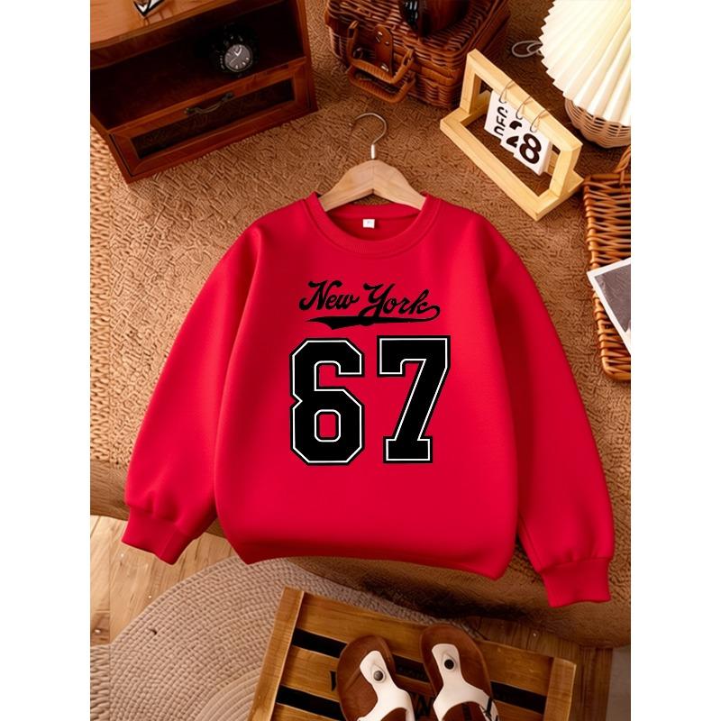 Unisex Kids Black Crewneck Sweatshirt For 4-12 Boys Girls Cursive New York Top Large White Outline Number 67 Varsity Print Soft Long Sleeve Pullover