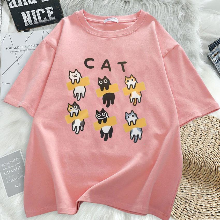 Summer Short Sleeved Tshirt New Korean Ins Retro Cartoon Cat Print Loose Pullover Top