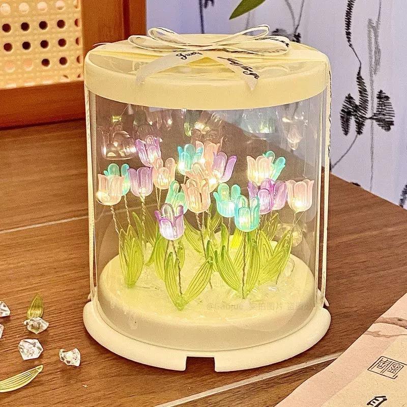 Creative Diy Tulip Flower Sea Cube Small Night Lamp Material Kit for Girlfriend Gift Bedroom Sleeping Table Lamp Handmade Craft
