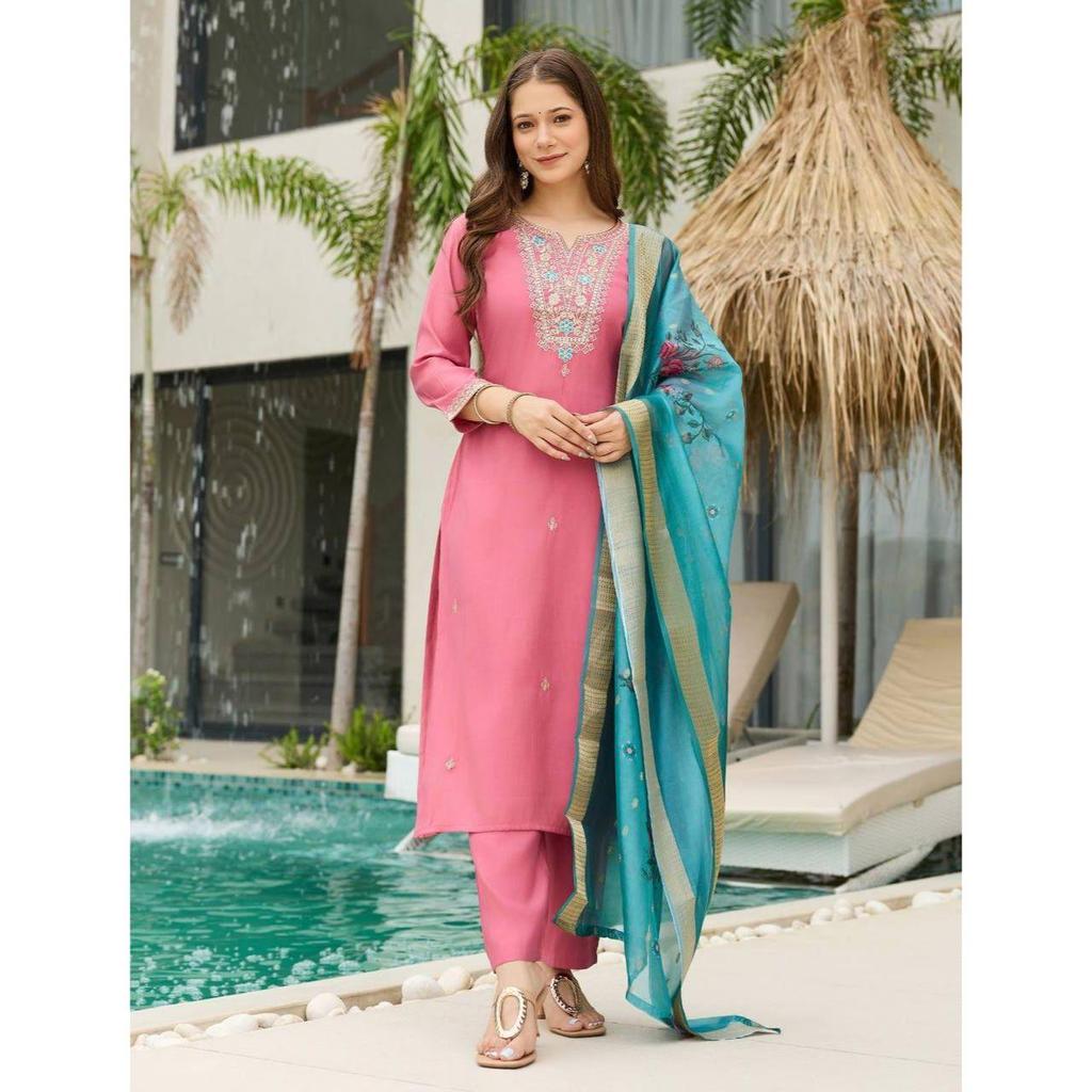 Women's Viscose Silk Embroidered Straight Kurta with Pant And Dupatta Sets