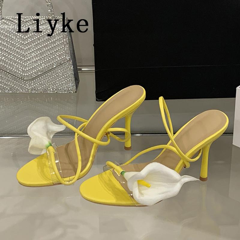 Fashion Liyke Yellow Green Back Strap Women Sexy Slingback Sandals Fashion Open Toe Morning Glory Design High Heels Party Dress Shoes