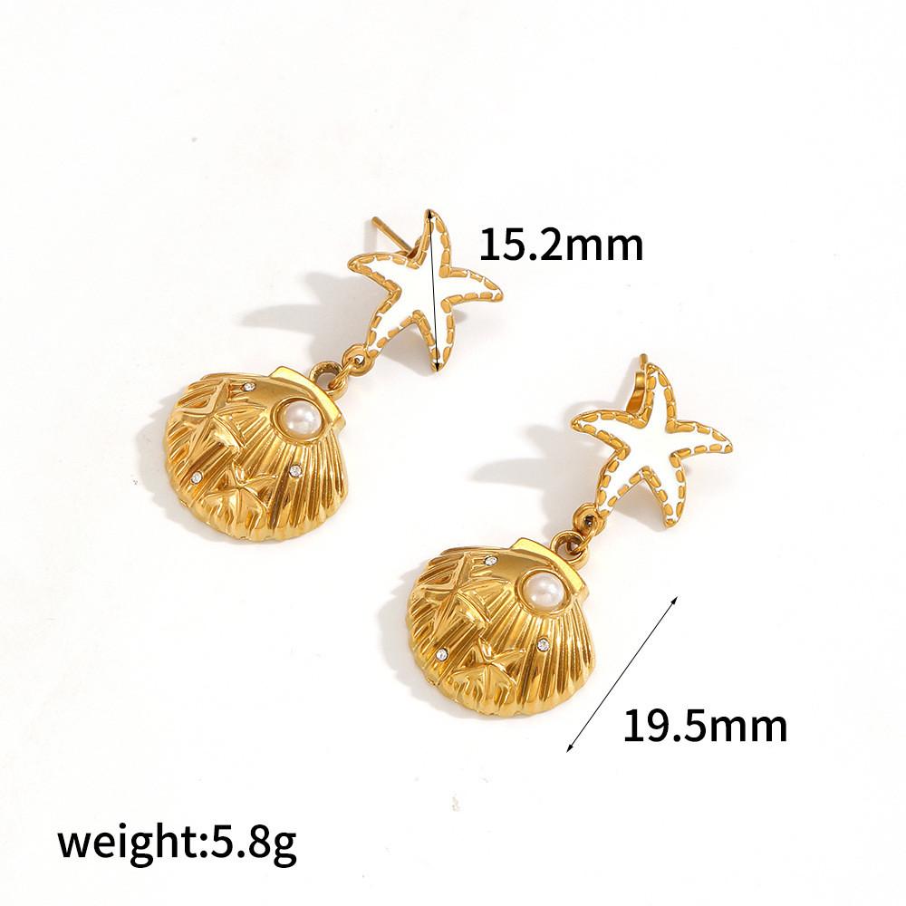 Brincos Série Oceano de Conchas e Cavalos-marinhos em Aço Inoxidável com Banhos de Ouro para Mulheres