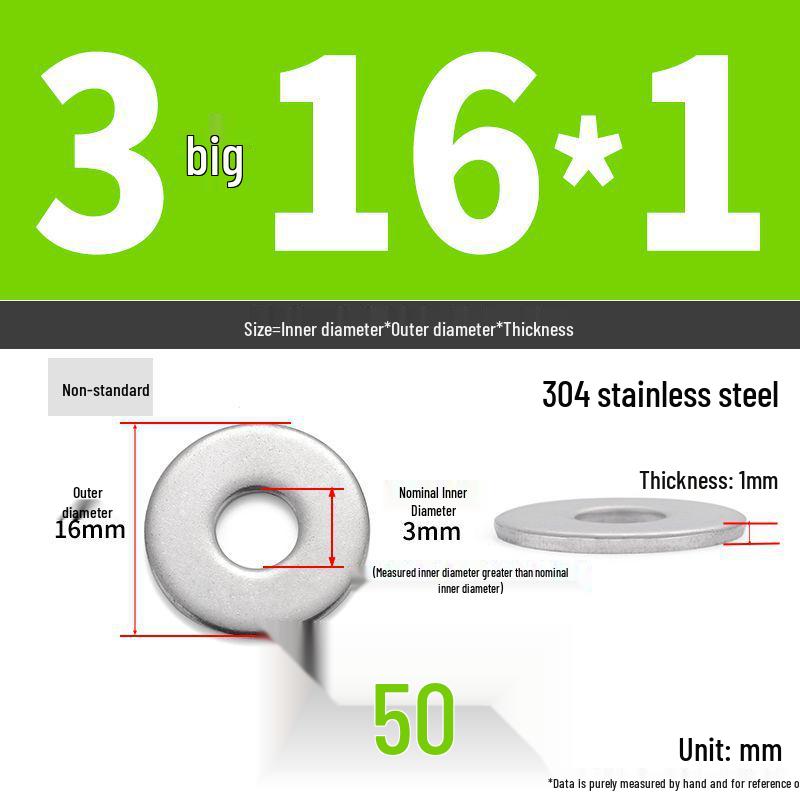 304 Stainless Steel Enlarged Flat Washer Ring (Sizes: M1.6-M22)