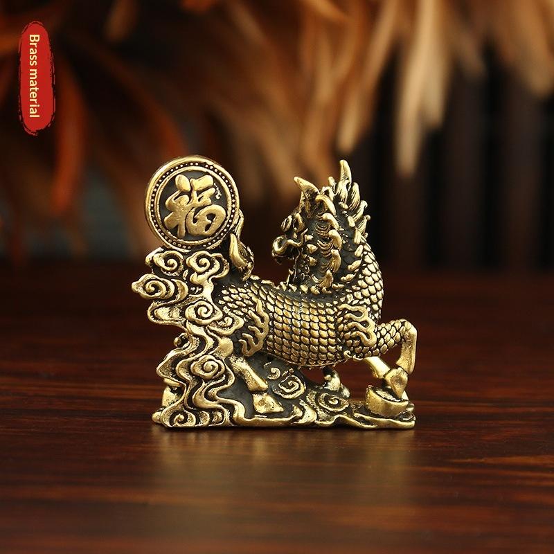 Feng Shui Kirin Statue - Brass Lucky Qilin Figurine with "Fu" Coin for Wealth