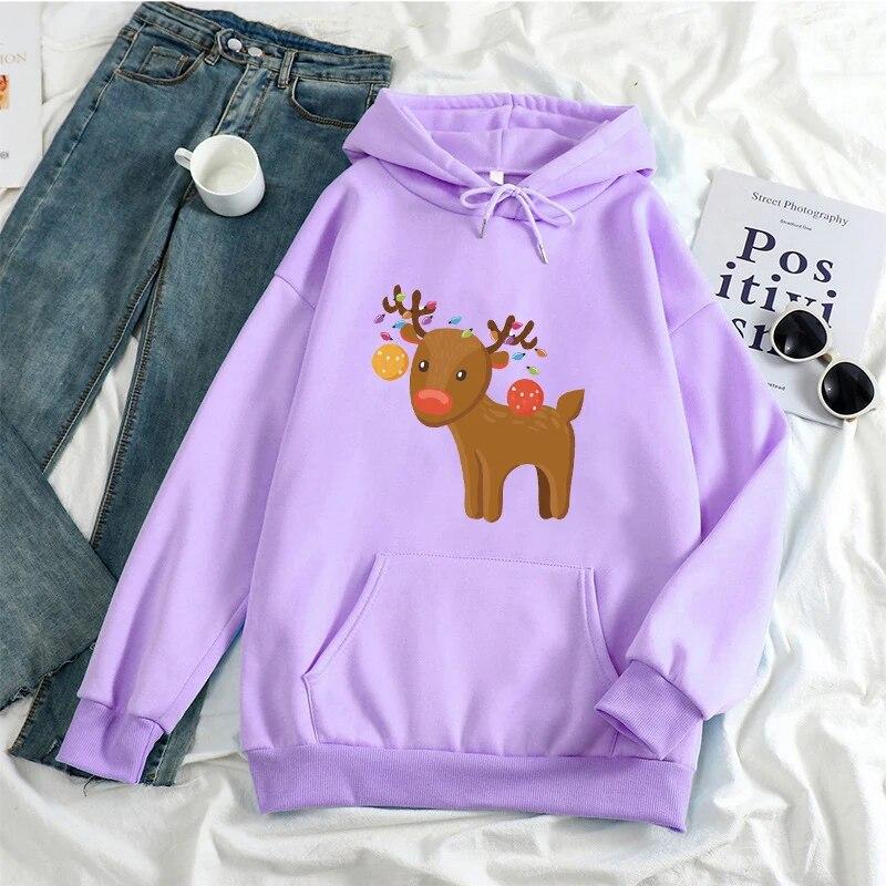 KAWAII Christmas Elk Hoodies Women Unisex Harajuku Fashion Xmas Streetwear Autumn Winte Warm Hooded Sweatshirts Pullover Ropa Mujer