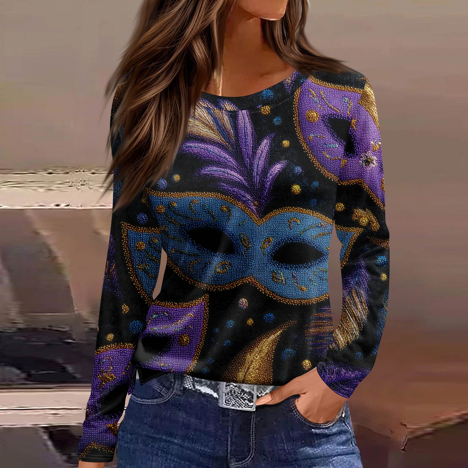 

Женская модная повседневная футболка с длинным рукавом, разрезом по подолу и принтом в карнавальном стиле XXL