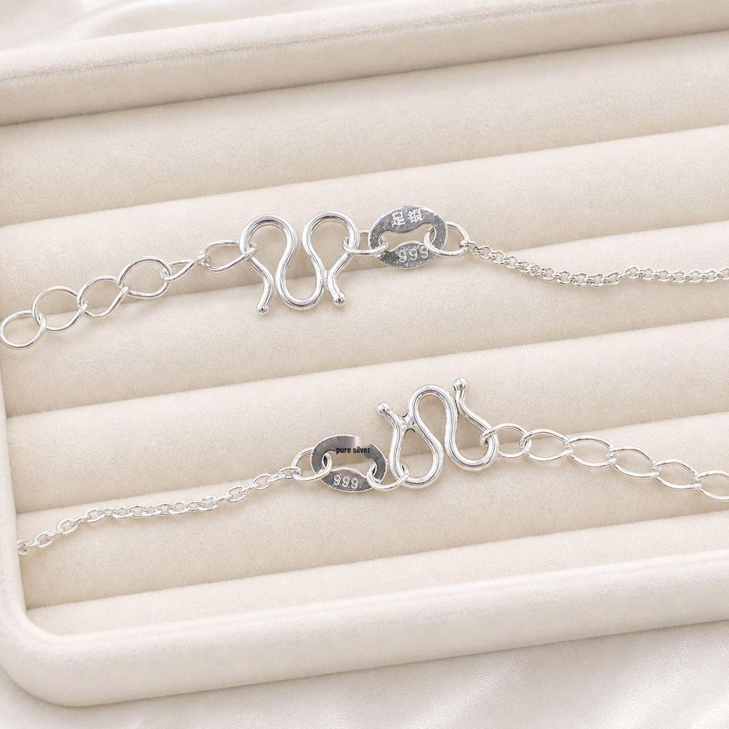 Sterling Silver 999 Starry Round Bead Necklace with O-Shaped Chain for Women