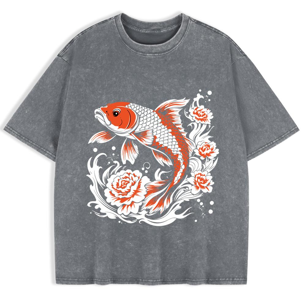 Japanese Koi Harajuku Printed Washed T-Shirts Mens Cotton Short Sleeve Tops Summer O-Neck Oversized T Shirt Clothes