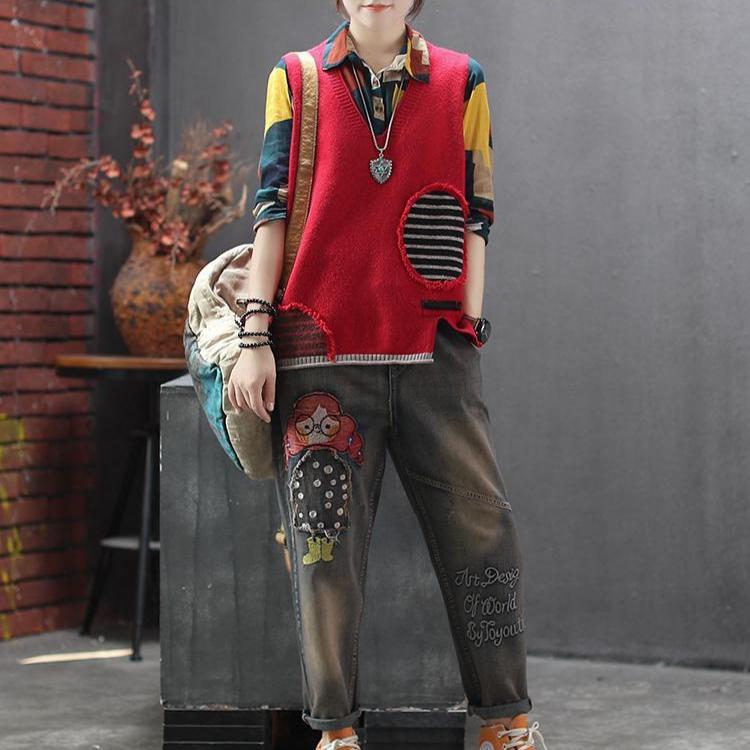 Autumn Winter Women's Loose Knitted Vest Sleeveless Vest Literary Color-block V-neck Pullover Knit Waistcoat