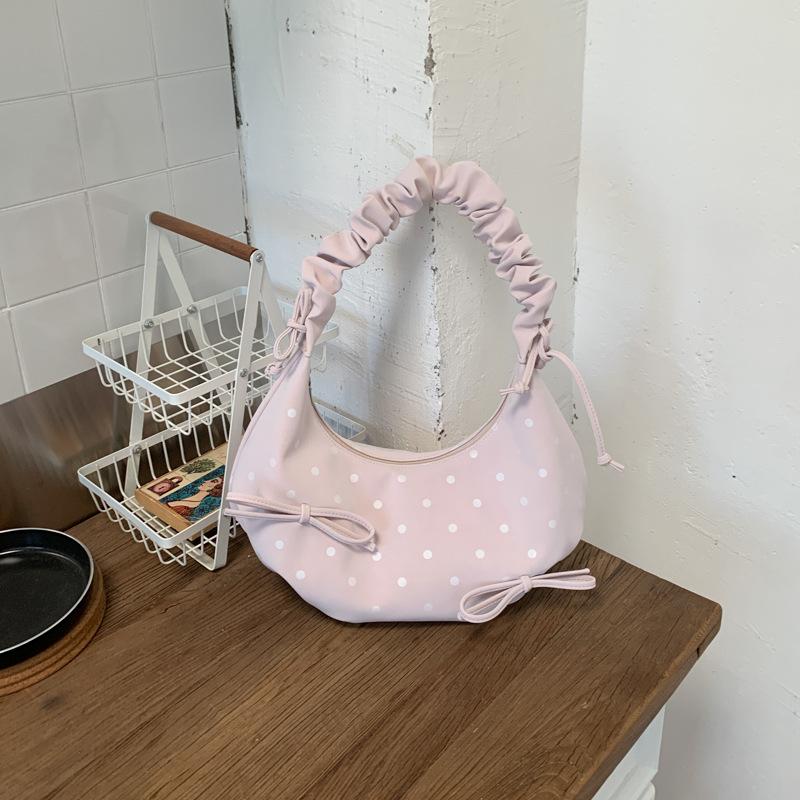 Small-scale Pleated Bow Handbag for Commuting, Single-shoulder Bag, Fashionable Polka Dot Crossbody Bag