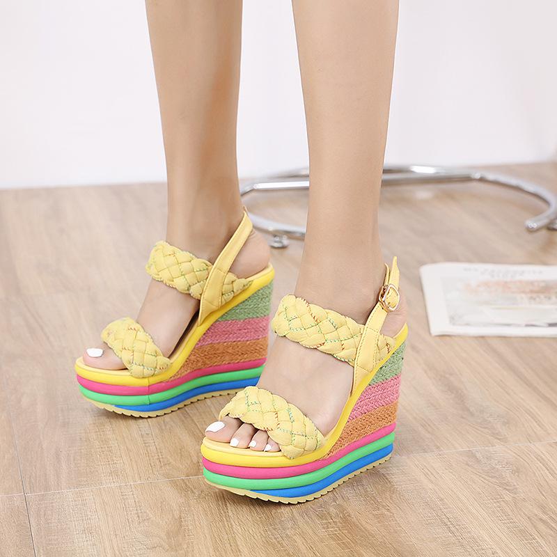 Plus Size 34-43 Shoes for Women Summer 2026 Rainbow Wedge Sandals Open Toe Sandalias Platform High Heel Casual Roman Women Shoes