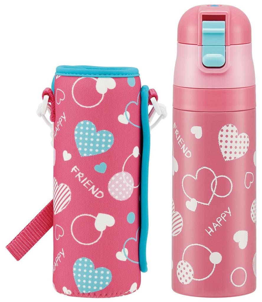 Skater Children's Water Bottle, 470ml, Direct Drinking, with Cover, Heart Polka Dot Design, Insulated, Stainless Steel, Lightweight, Sports Bottle,