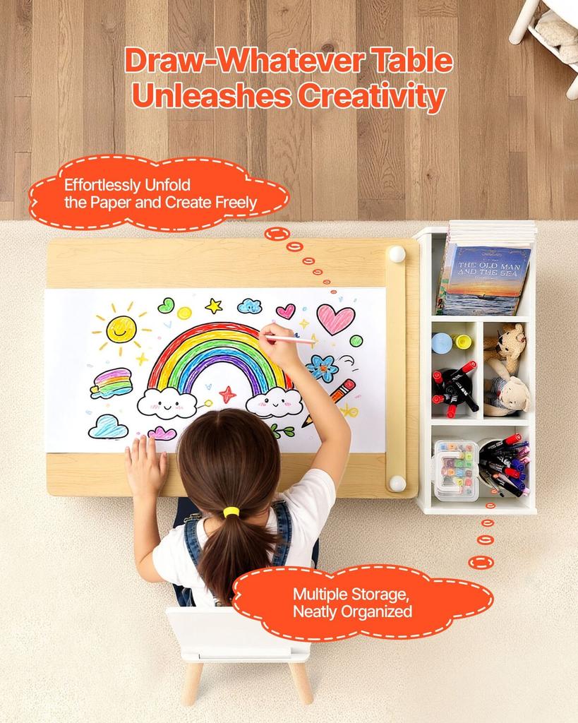 Kids Art Table and Chair Set, Toddler Craft Table with 3 Tiers Storage Cabinet, Wooden Kids Activity Play Desk with 2 Chairs, Art Craft Play Desk for