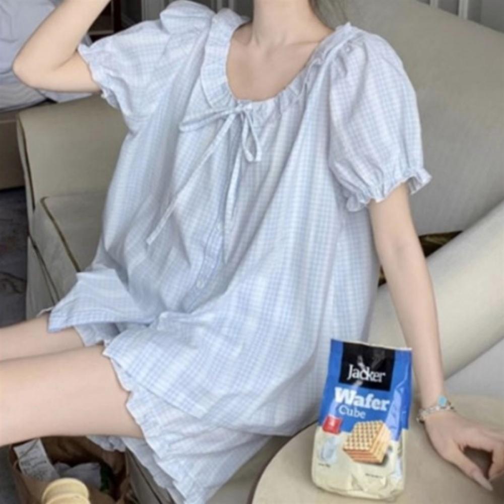 New Arrivals Open Run Women Check Frill Short Sleeve Shorts Pajama Set