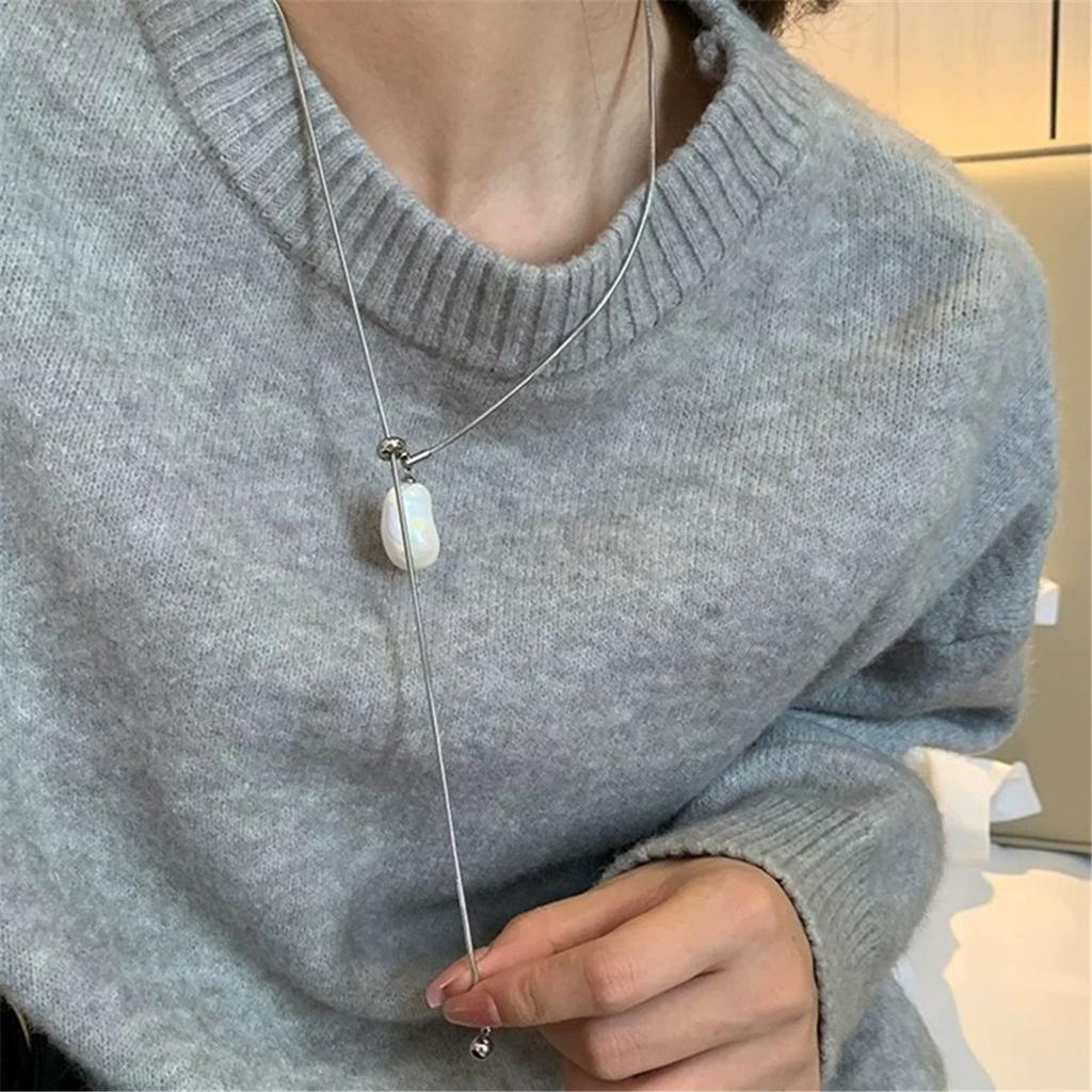 Tooxika Simple Luxury Baroque Faux Pearl Pendant Necklace Drawstring Snakebone Chain Long Sweater Chain