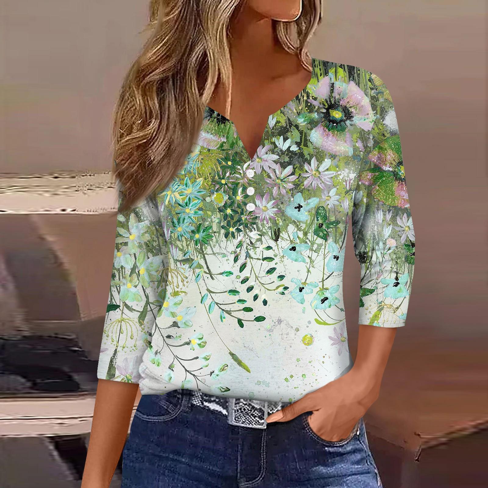 

Жен. Футболка Футболка С принтом Пуговицы Рукав 3/4 Повседневные Выходные Мода Классический Классический V-образный вырез Обычный Верх XXXL зелёный