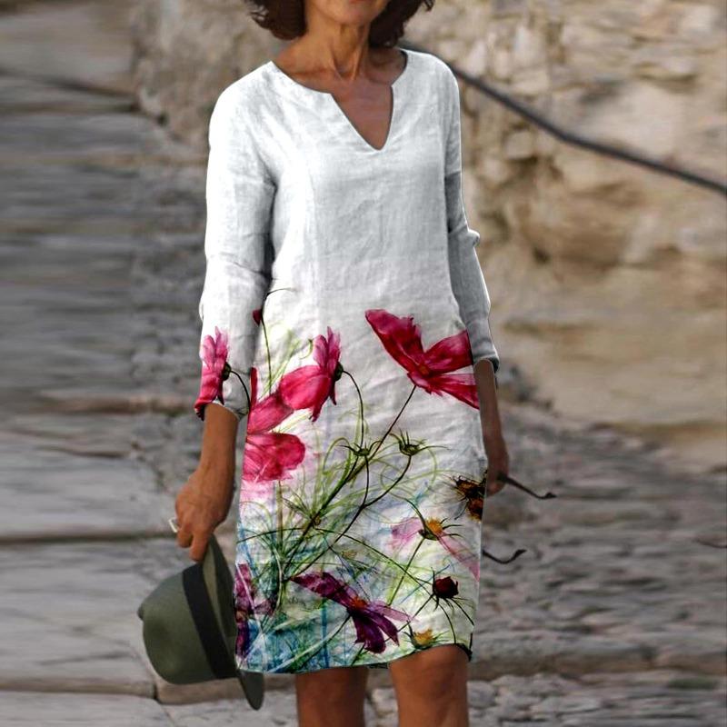 Women's Spring and Summer Fashion Painting Printed Nine Sleeve Multi Color Medium Length Dress