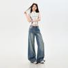 Early Spring Vintage Blue Rhinestone High Waist Relaxed Slim Floor Straight Wide Leg Denim Pants For Ladies Casual Pants Oversize Denim Trousers
