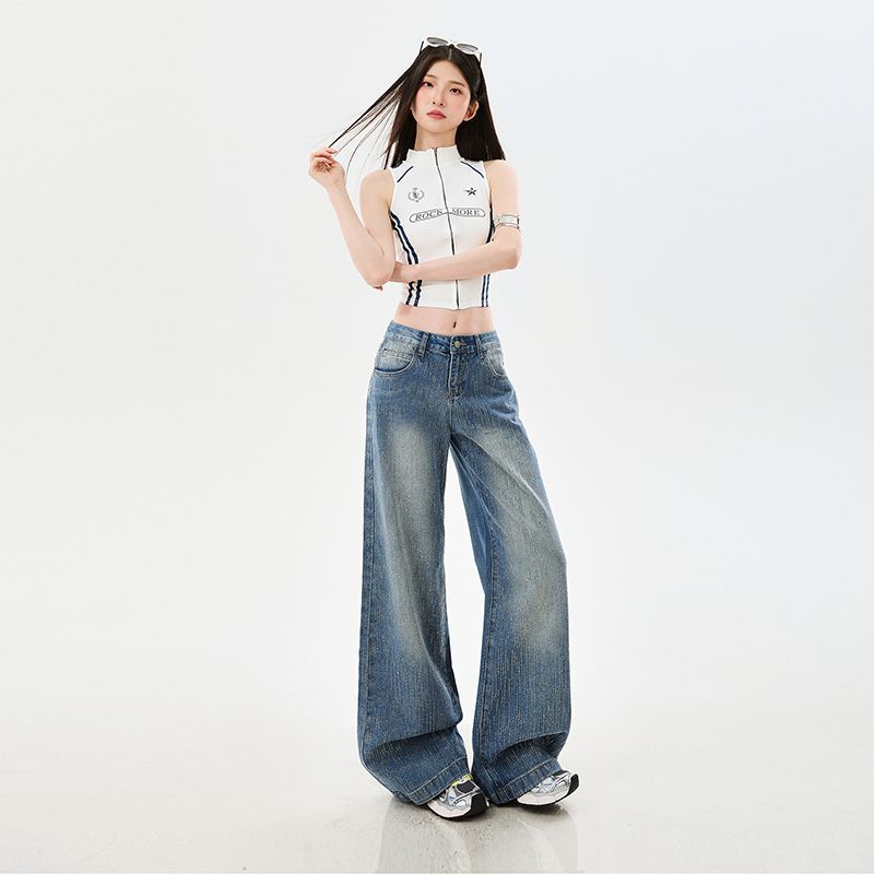 Early Spring Vintage Blue Rhinestone High Waist Relaxed Slim Floor Straight Wide Leg Denim Pants For Ladies Casual Pants Oversize Denim Trousers