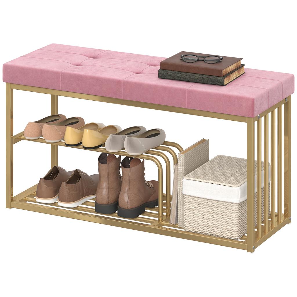 Bench and Shoe Storage, Tufted Shoe Storage Bench with Velvet Seat Cushion Gold Steel Frame for Entryway, Pink