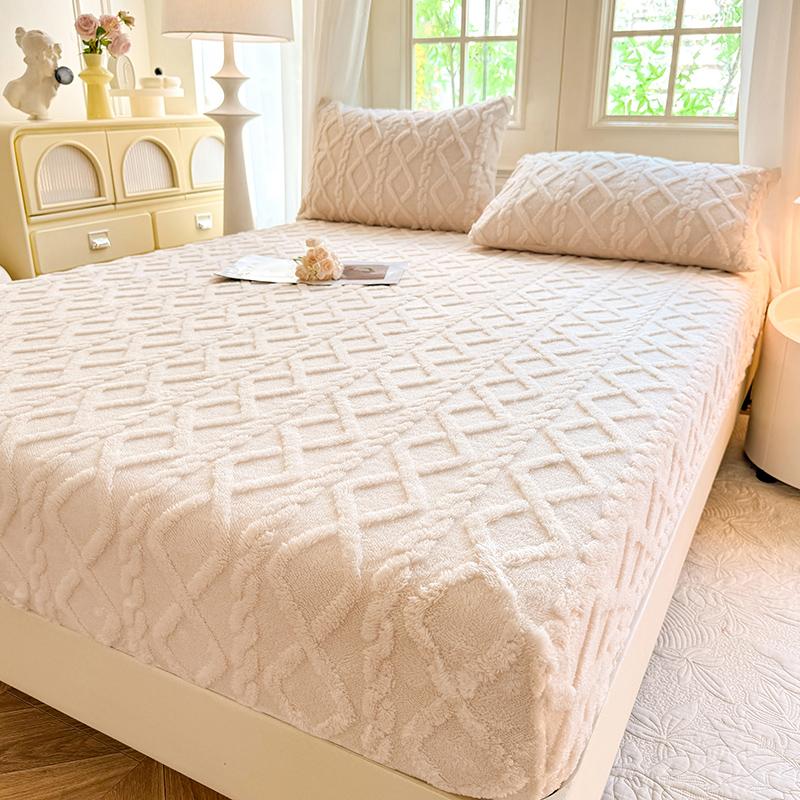 1pc Winter Warm Bed Sheet with Elastic Band Single/Queen/King Mattress Cover Thick Coral Fleece Fluffy Fitted Bed Sheets for Bed