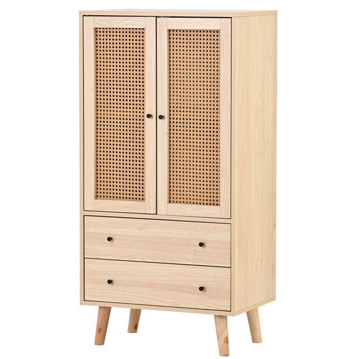 Buffet 60 x 40 x 120 cm chêne - 2 portes rotin, 2 tiroirs, 4 compartiments, meuble de rangement