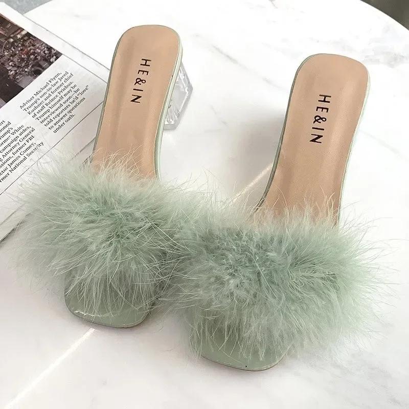 Mode 2024 Neu Sommer Flauschige Peep Toe Sexy High Heels Damen Pelz Dame Mode Hochzeit Rosa Hausschuhe