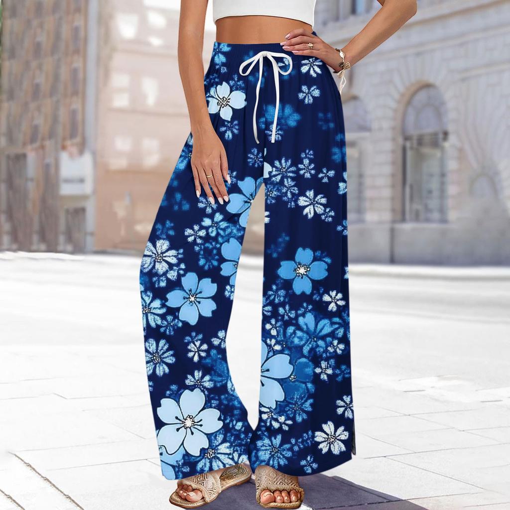 Women's Printed Wide Leg Pants With Pockets High Waist Drawstring Loose Casual Pants