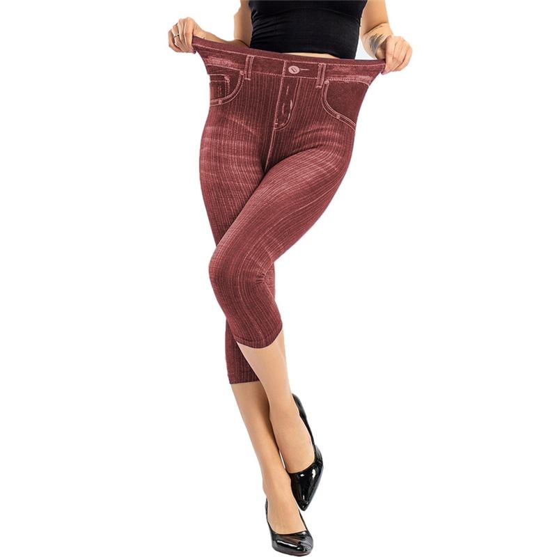 Fashion Summer Women Elastic Denim Leggings Cropped Trousers Slim Fit Hip Print Pants