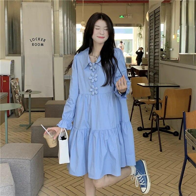 Dresses Women 3D Flower Y2k Autumn Hotsweet Korean Style Simple Long Sleeve High Street All-match Temperament Knee-length Daily