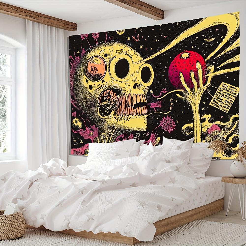 Psychedelic Skull Tapestry Vibrant Planets Cosmic Elements Intricate Details for Bold and Artistic Home Decor Wall Art 100X70CM