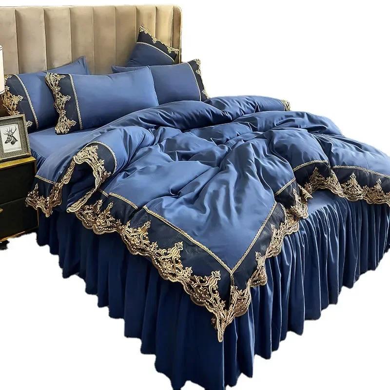 European Thickened Lace Edge Bed Skirt 4 Piece Set Matte Non Slip Bed Cover For 1.5m 1.8m Beds