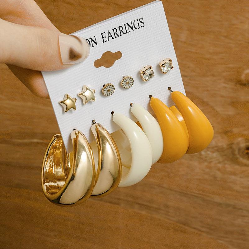 European & American Geometric C-Shaped Hoop Earrings: 6-Piece Gold & Pearl Wire-Wrapped Set for Women