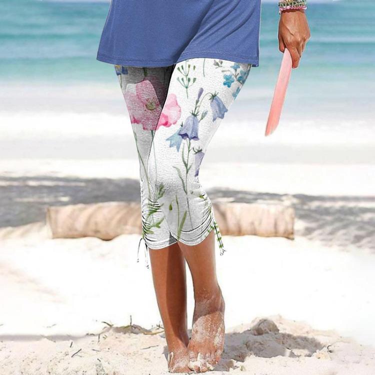Women Casual Summer Cropped Trousers Elastic Waist Skinny Leggings Printed Cycling Shorts Vacation Pants