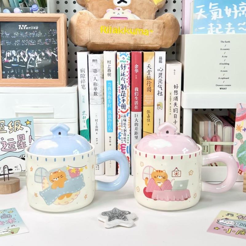 Cupa ceramică pisică drăguță de desene animate cu capac cuplu băiat și fată cană de birou cupă de băut cadou de ziua de naștere
