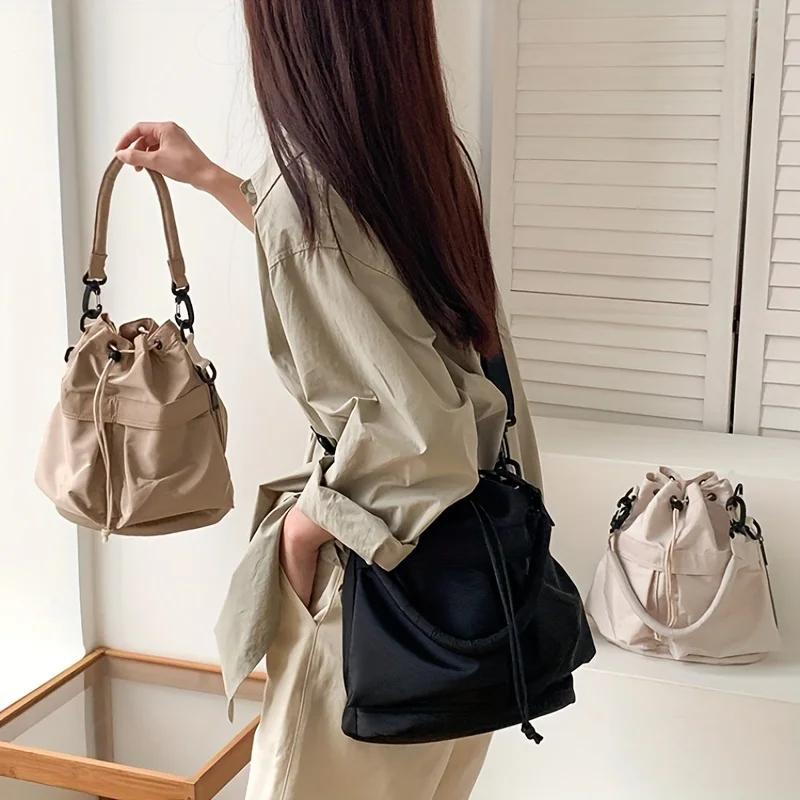 New Fashion Women'S Bag Large Capacity Drawstring Bucket Bag Simple Workwear Style Nylon Shoulder Bag For Women Handbag