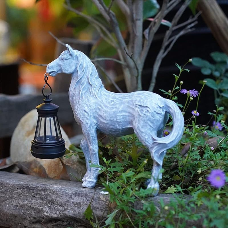 Solar Garden Horse Figurine With Lantern - Outdoor Farmhouse Statue, Whimsical Decor for Indoor Home - Housewarming Gift for Mom Grandma (Bronze)