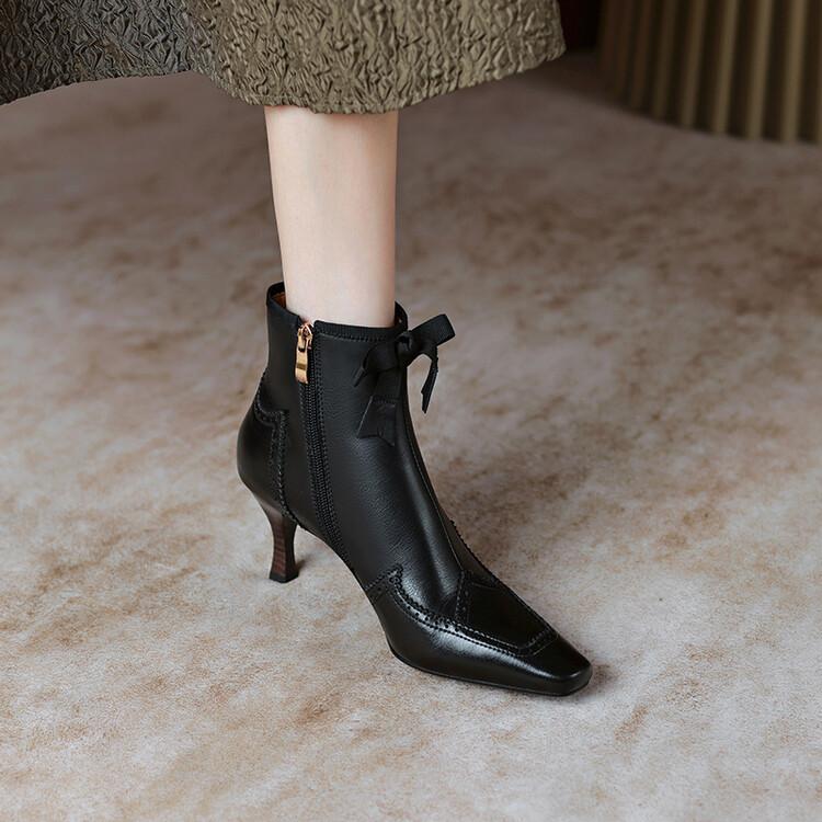 

Fashion New 2025 Autumn Winter Bullock Women Shoes High Heel Genuine Leather Boots for Women Square Toe Boots Zipper Bow Ankle Boots 34