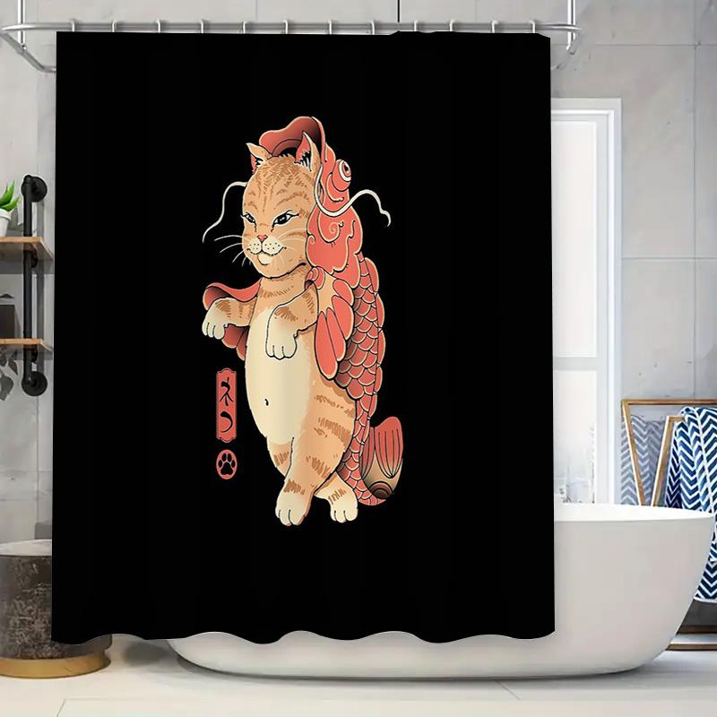 

Japanese Cat Koi Fish Shower Curtain Anime Bathroom Decor Washable Waterproof Home Decor Japanese Style Wall Art Tapestry W60H190(CM)-1 Pcs