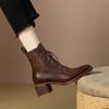 Herbst und Winter Neue Leder Dicke Absatz Spitze Schnürung Martin Stiefel Damen Britischer Stil Retro Braun Chelsea Kurze Stiefel