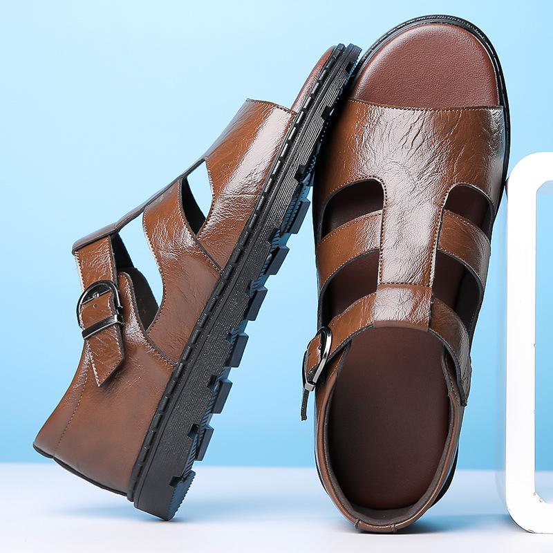 Summer New Men's Business Casual Leather Sandals Hollow Out Breathable Roman Sandals British Flats Shoes