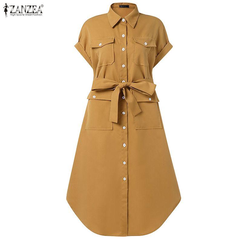 ZANZEA Vestido informal de verano de manga corta con cuello vuelto para mujer