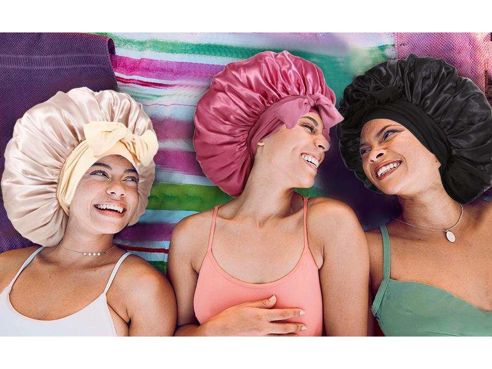 Silk Satin Sleep Cap with Ribbon Bow for Women - Elastic Wide Brim Bath Headscarf Hat for Hair Care