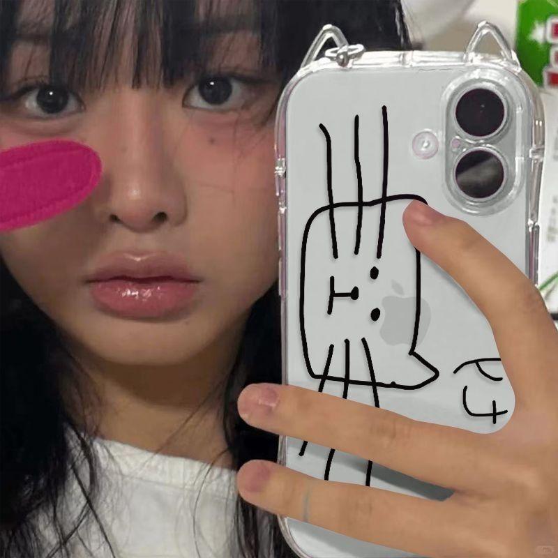 Cute Line Kitty Pattern Phone Case For iPhone 17 16 15 14 13 12 11 Pro Max XR XS MAX 7 8 PLUS Y2K Cat Ears 3D Transparent Cover