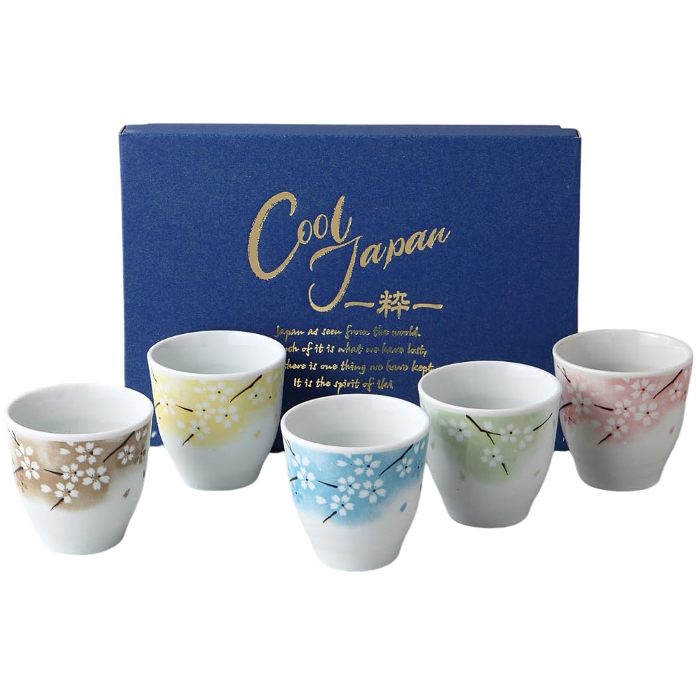 Hannari Yunomi Set of 5 W8 x D8 x Mino Made in Japan Ale-net Teacups, H7.5cm, Porcelain, Ware,