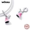 WOSTU 925 Silver Pink Dress Crown Princess Charm Bead Pendant Fit Original Bracelet Necklace For Women Jewelry CQC2203