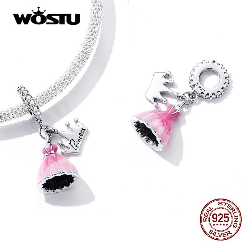 WOSTU 925 Silver Pink Dress Crown Princess Charm Bead Pendant Fit Original Bracelet Necklace For Women Jewelry CQC2203