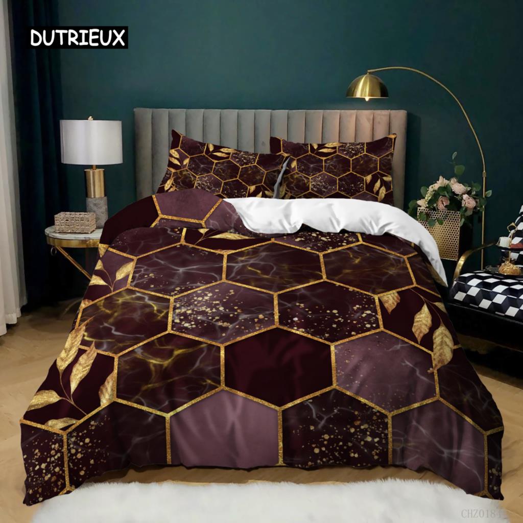Honeycomb Comforter Cover Kit Queen Size Size Geometric Sleep Bedding Kit Fine Microfiber Gold Hexagon Comforter Cover Black Gradient Quilt Cover
