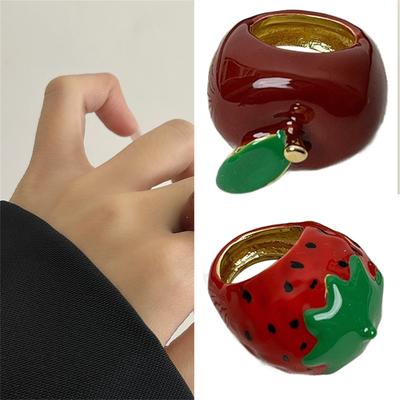 Handmade Vibrant Strawberry/Apples Ring Dripping Oil Finger Ring Lightweight and Comfortable Jewelry Fashion Accessory